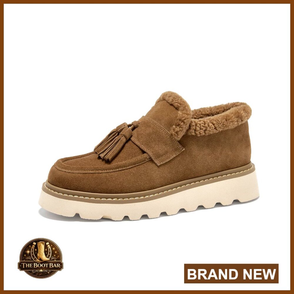 Leather Platform Loafers With Fur Lining, Chunky Winter Slip-On Boots